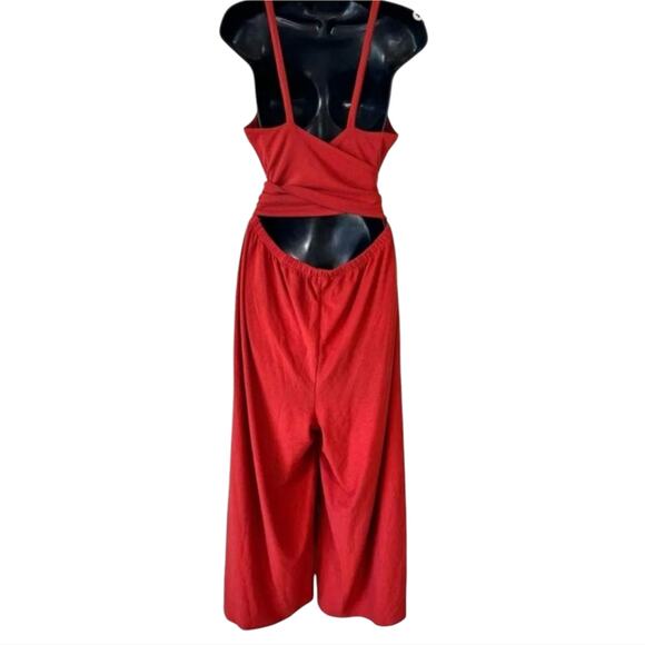 Loft Rust Red Orange Ribbed Sleeveless Tie-back Wrap Wide-Leg Jumpsuit Size XS - Picture 9 of 13